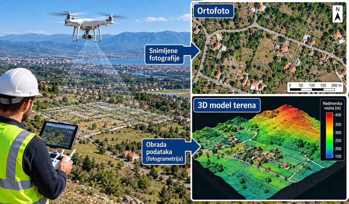 Dron snima teren; pored je ortofoto i 3D model terena
