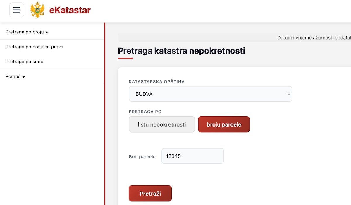 Ekran pretrage eKatastra sa poljima za opštinu, katastarsku opštinu i broj parcele