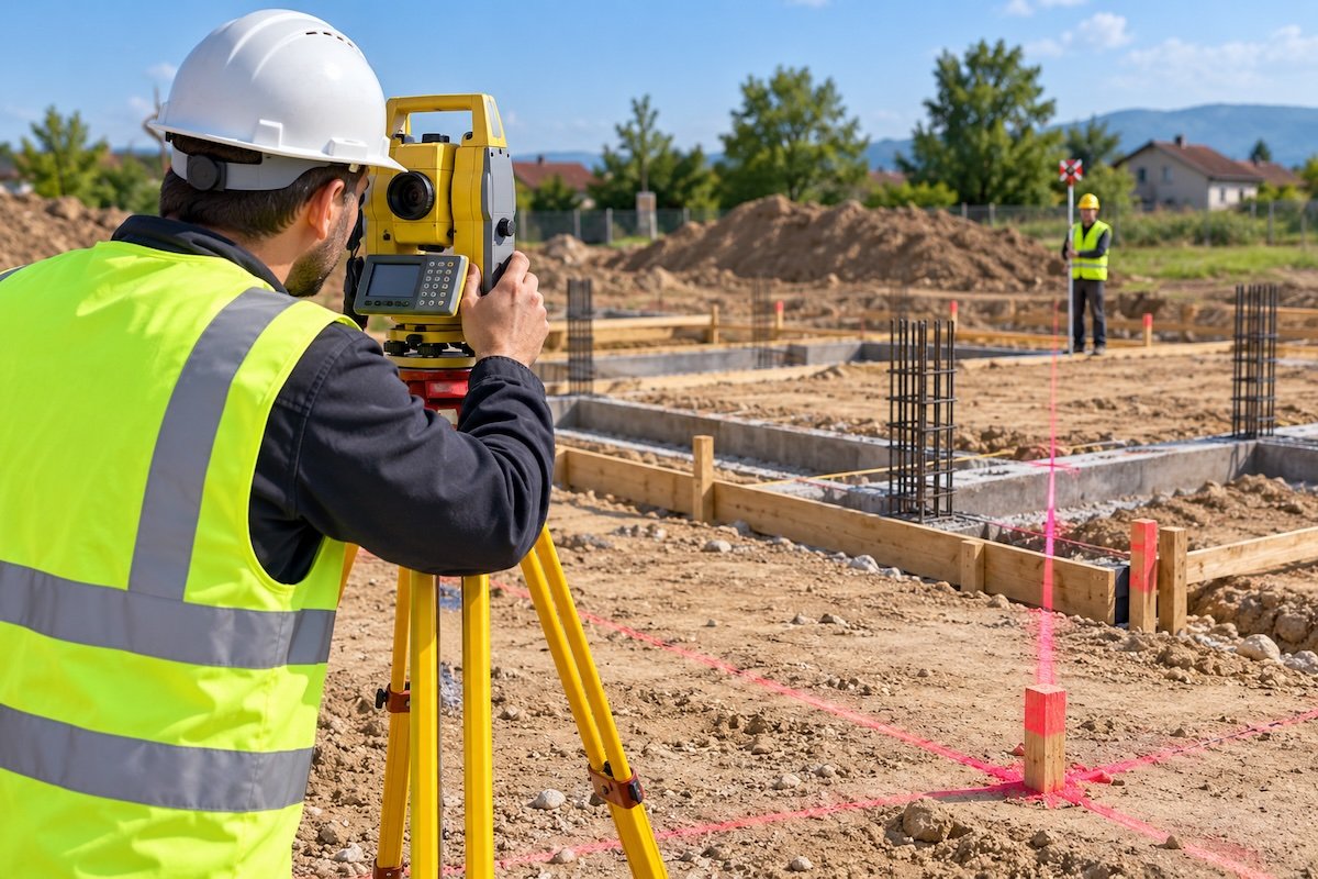 Geometar sa totalnom stanicom obilježava ose temelja na gradilištu