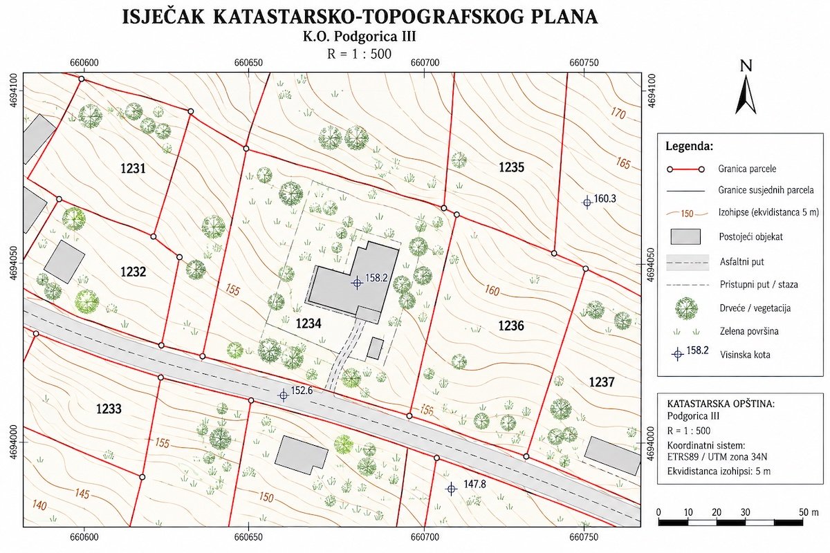 Isječak katastarsko-topografskog plana sa granicama parcela, izohipsama i postojećim objektom