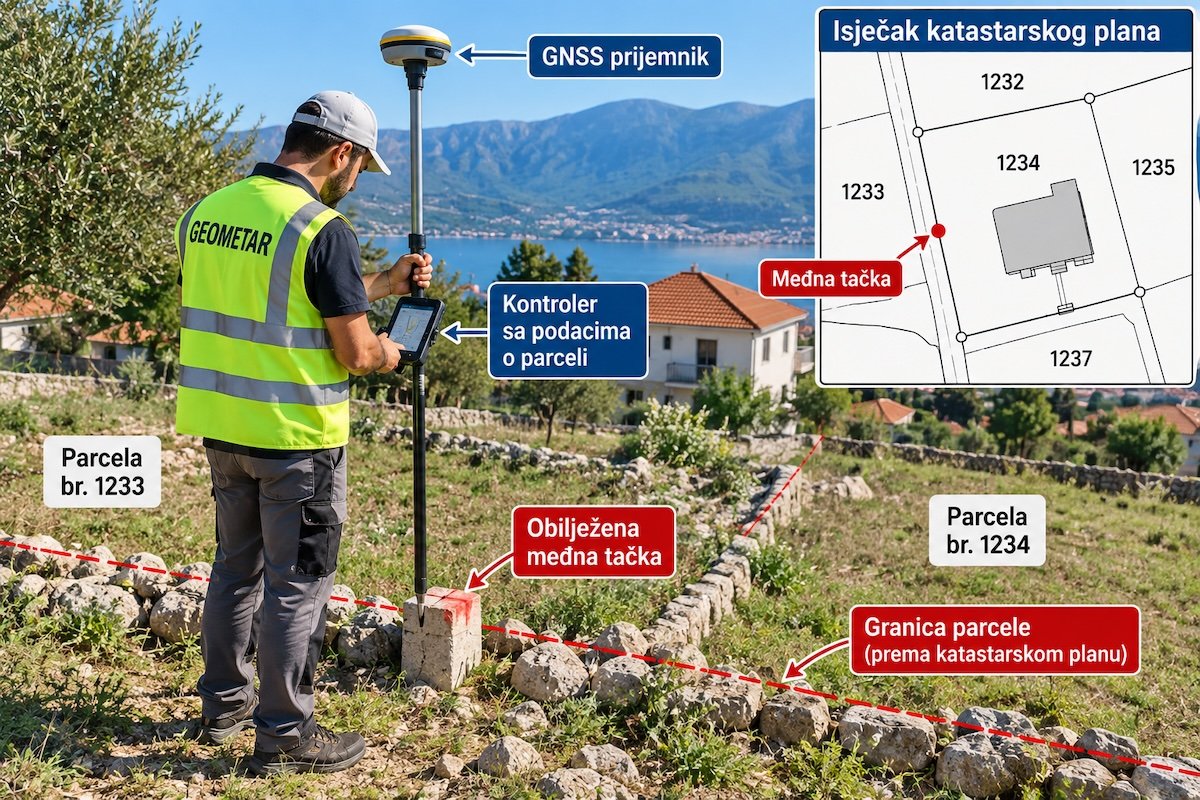 Geometar sa GNSS prijemnikom obilježava međnu tačku na granici parcele