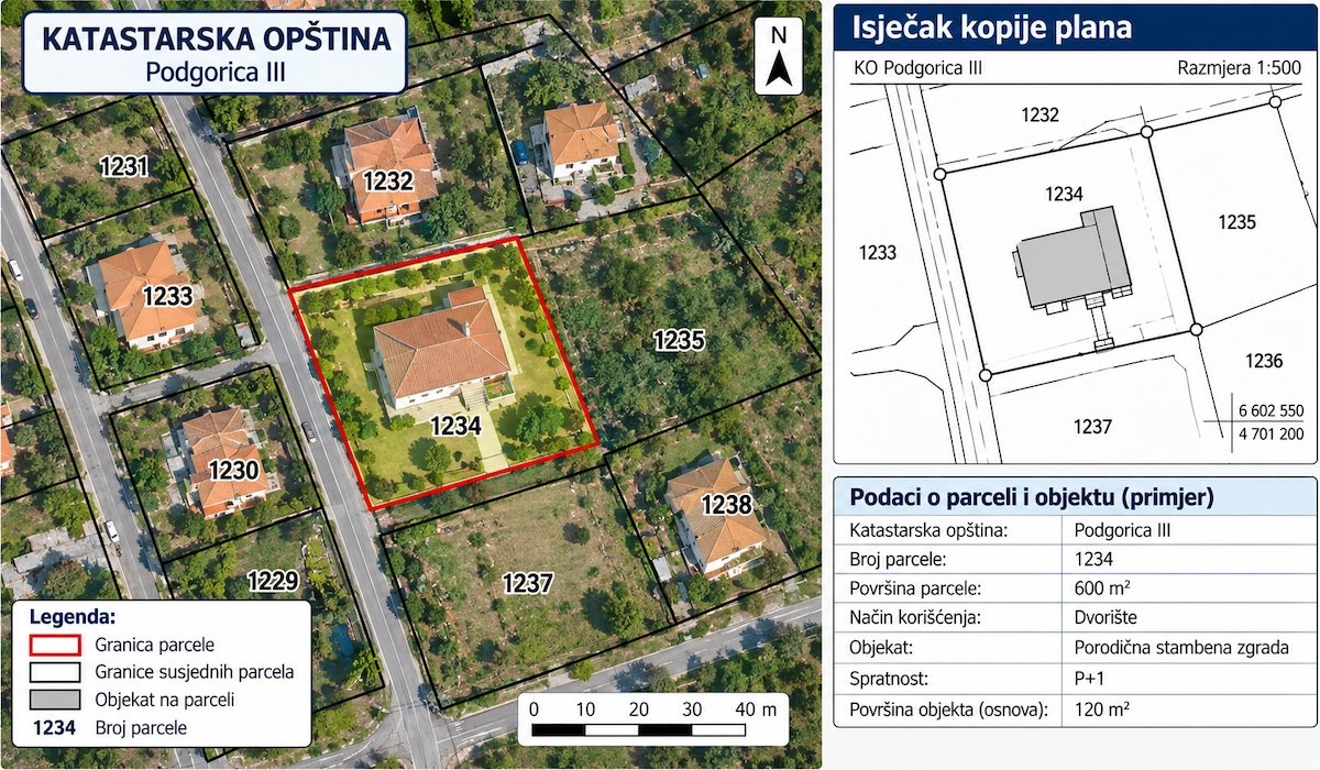 Šema: katastarska opština, parcele sa brojevima, objekat na parceli i isječak kopije plana