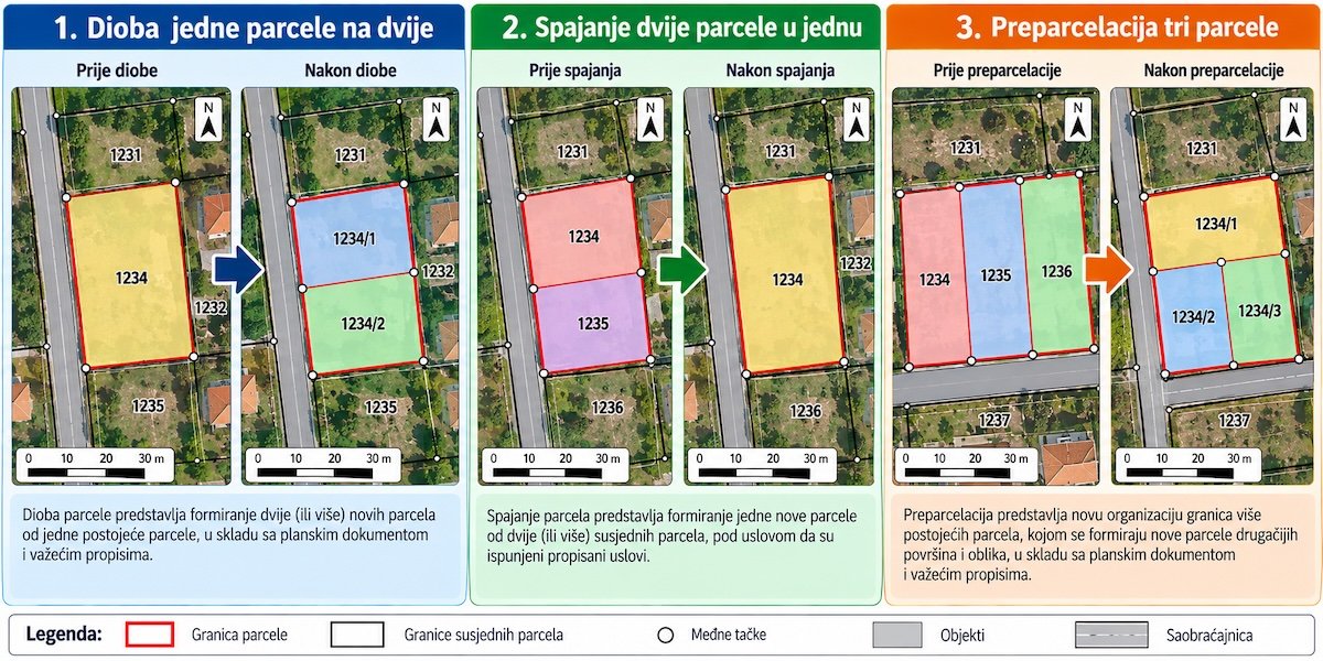 Šema: dioba jedne parcele na dvije, spajanje dvije u jednu i preparcelacija tri parcele